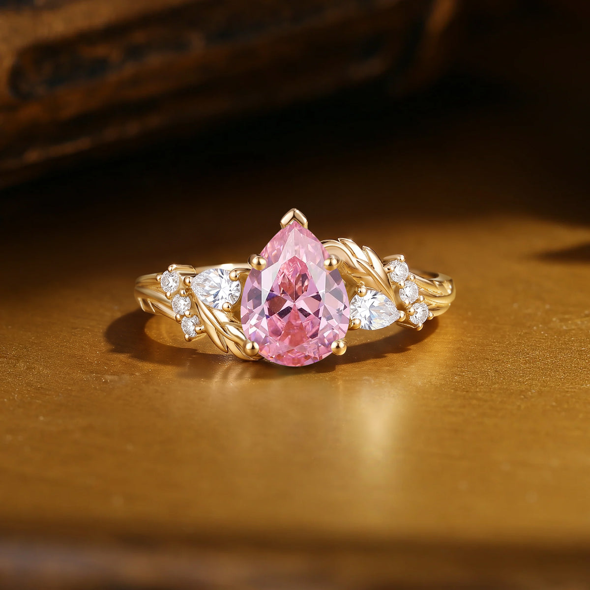 Pear Cut Lab Pink Sapphire Leaf Accent Engagement Ring-Pinkriy