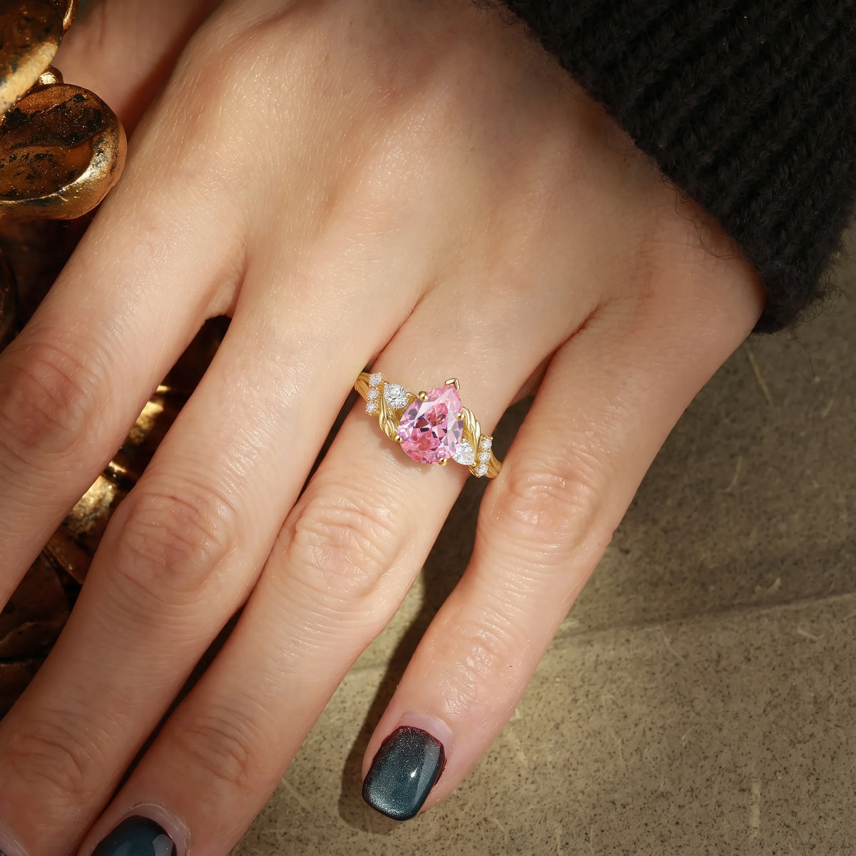 Pear Cut Lab Pink Sapphire Leaf Accent Engagement Ring-Pinkriy