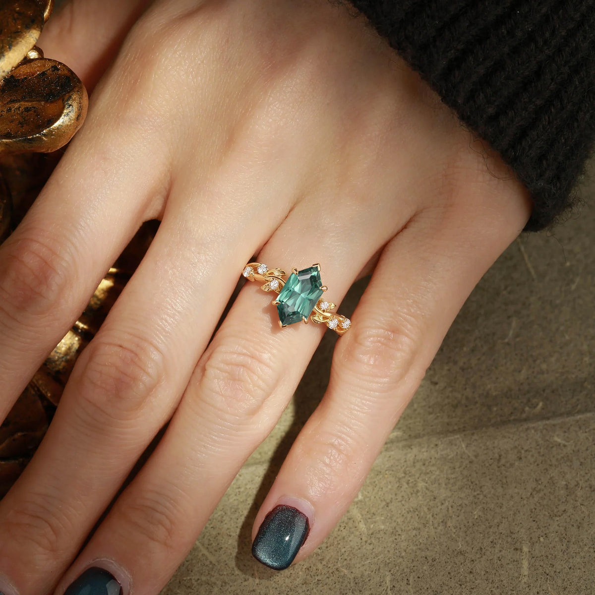 Dutch Marquise Cut Lab Green Sapphire Twisted Leaf Engagement Ring - Clarissa