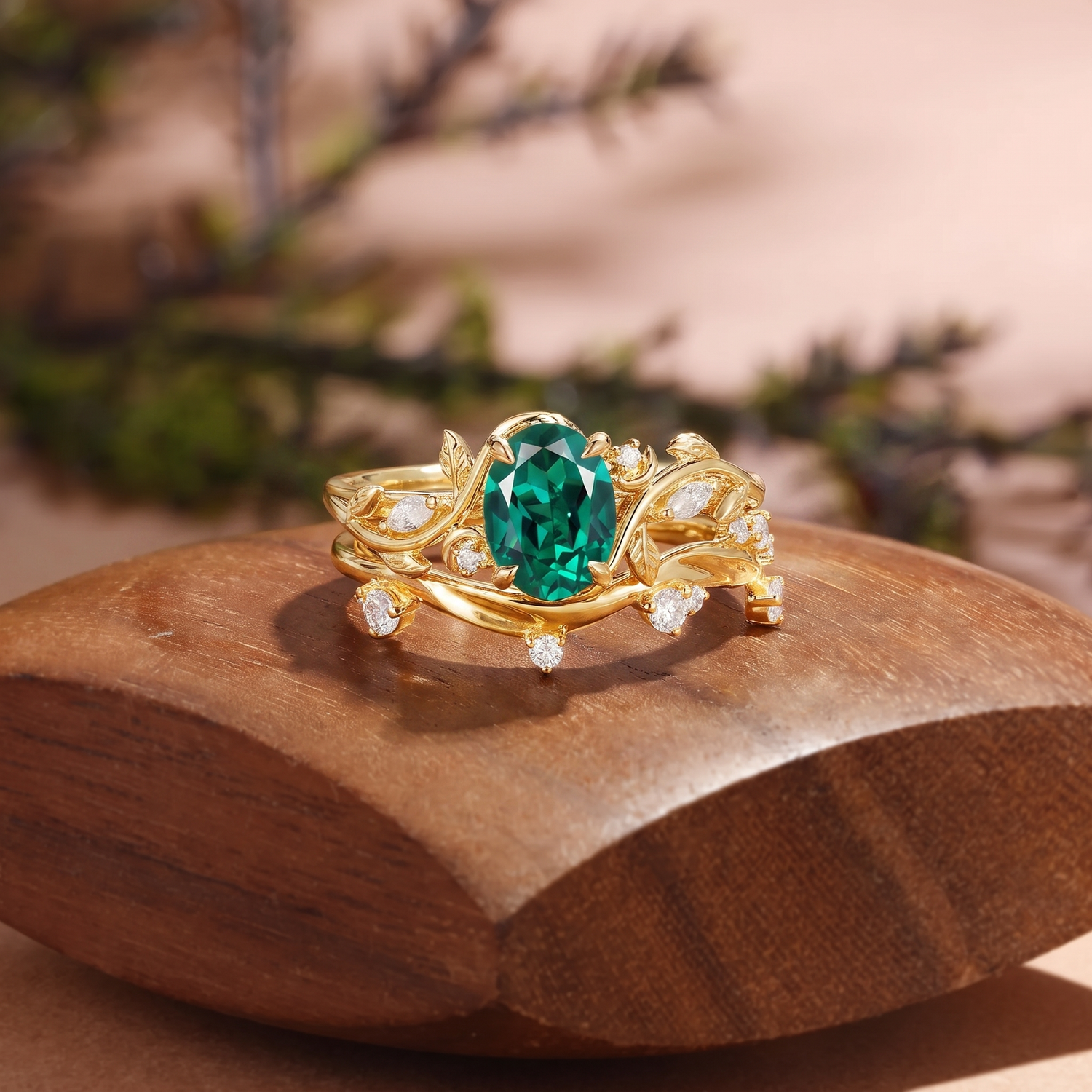 Oval Cut Lab Emerald Nature Inspired Cluster Leafy Band Bridal Set 2pcs - Désirée