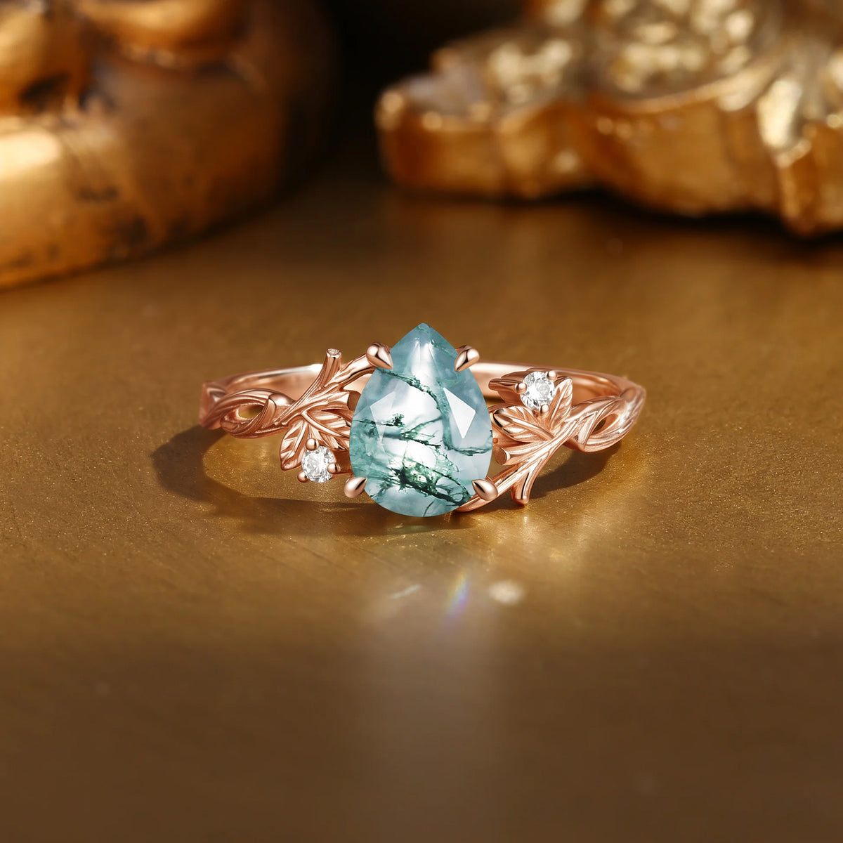 Hand Sculpted Pear Cut Moss Agate Twisted Leaf Solitaire Engagement Ring-Elow