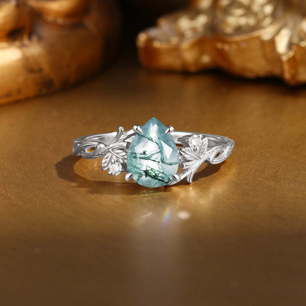 Hand Sculpted Pear Cut Moss Agate Twisted Leaf Solitaire Engagement Ring-Elow