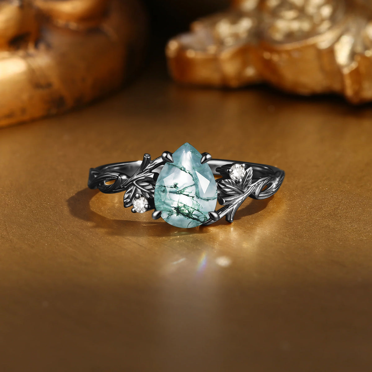Hand Sculpted Pear Cut Moss Agate Twisted Leaf Solitaire Engagement Ring-Elow