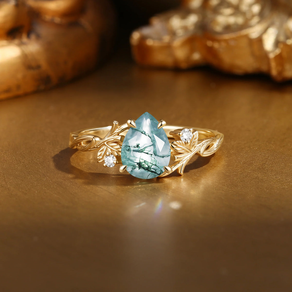 Hand Sculpted Pear Cut Moss Agate Twisted Leaf Solitaire Engagement Ring-Elow