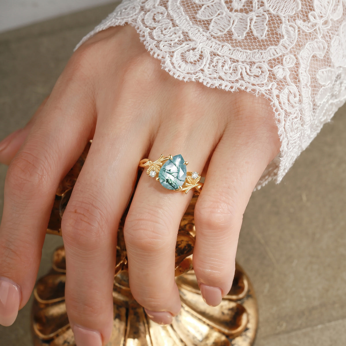 Hand Sculpted Pear Cut Moss Agate Twisted Leaf Solitaire Engagement Ring-Elow