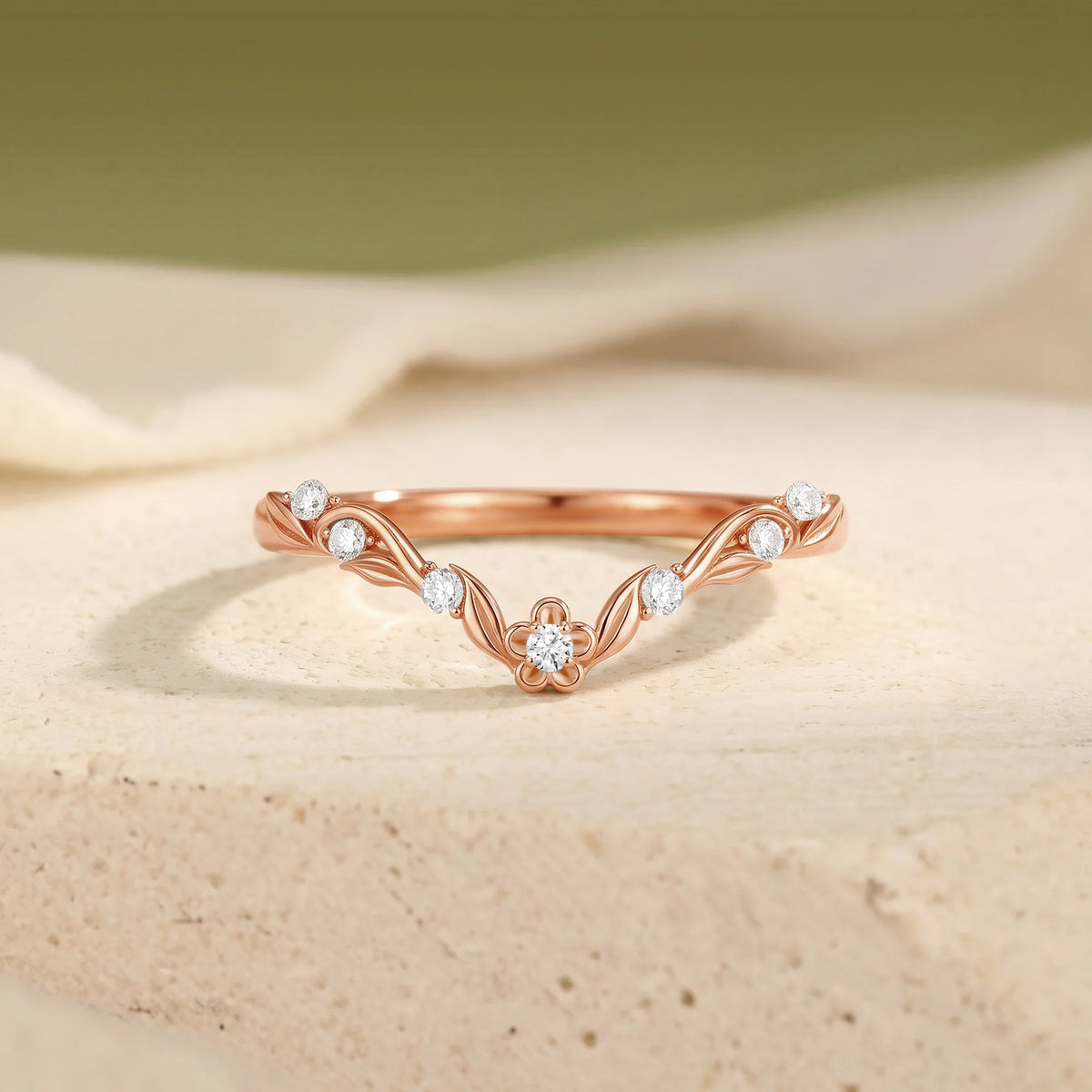 Curved Floral Leafy Moissanite Stackable Wedding Band