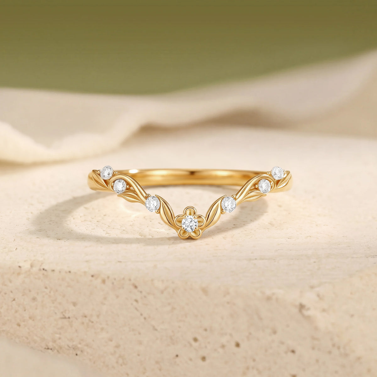 Curved Floral Leafy Moissanite Stackable Wedding Band