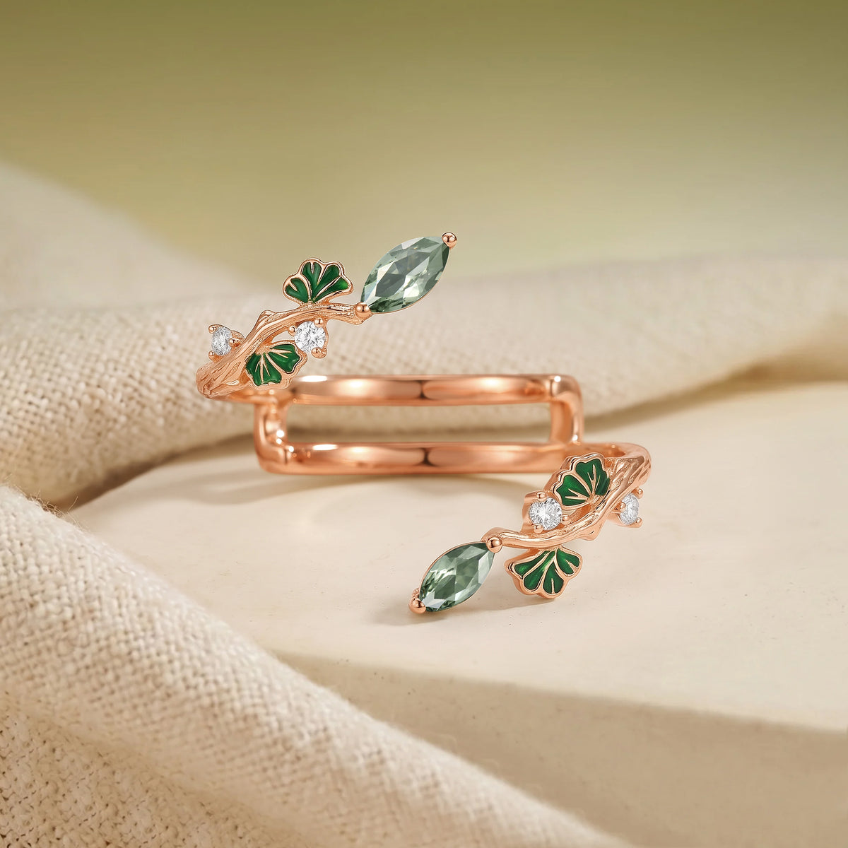 Artistic Marquise Cut Green Sapphire Ginkgo Leaf Stackable Wedding Band
