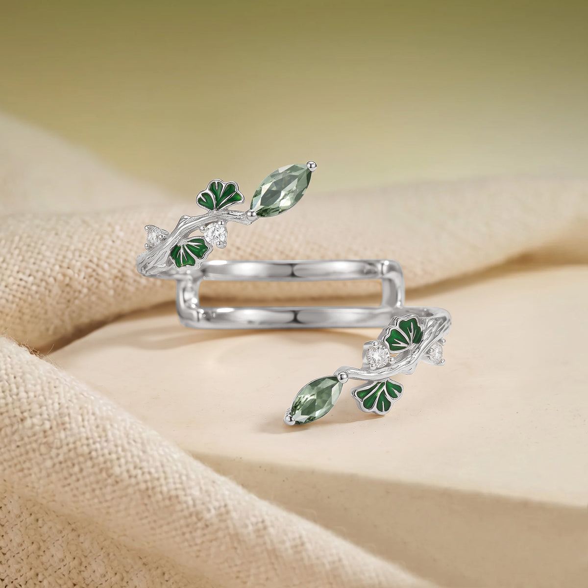 Artistic Marquise Cut Green Sapphire Ginkgo Leaf Stackable Wedding Band