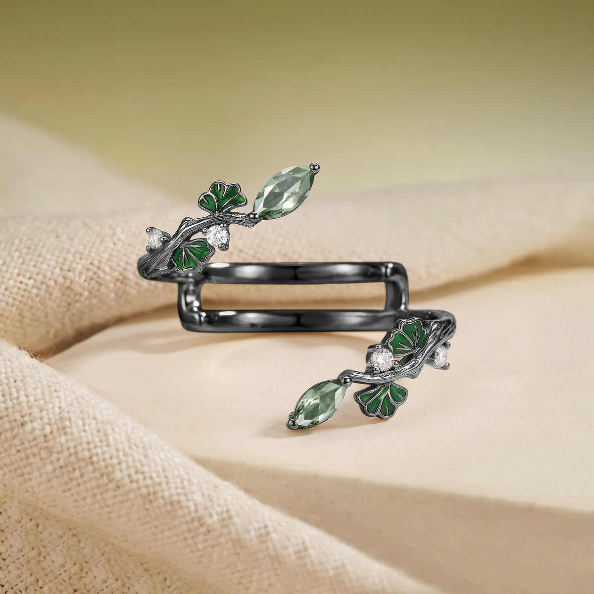Artistic Marquise Cut Green Sapphire Ginkgo Leaf Stackable Wedding Band