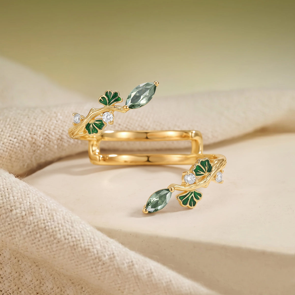 Artistic Marquise Cut Green Sapphire Ginkgo Leaf Stackable Wedding Band