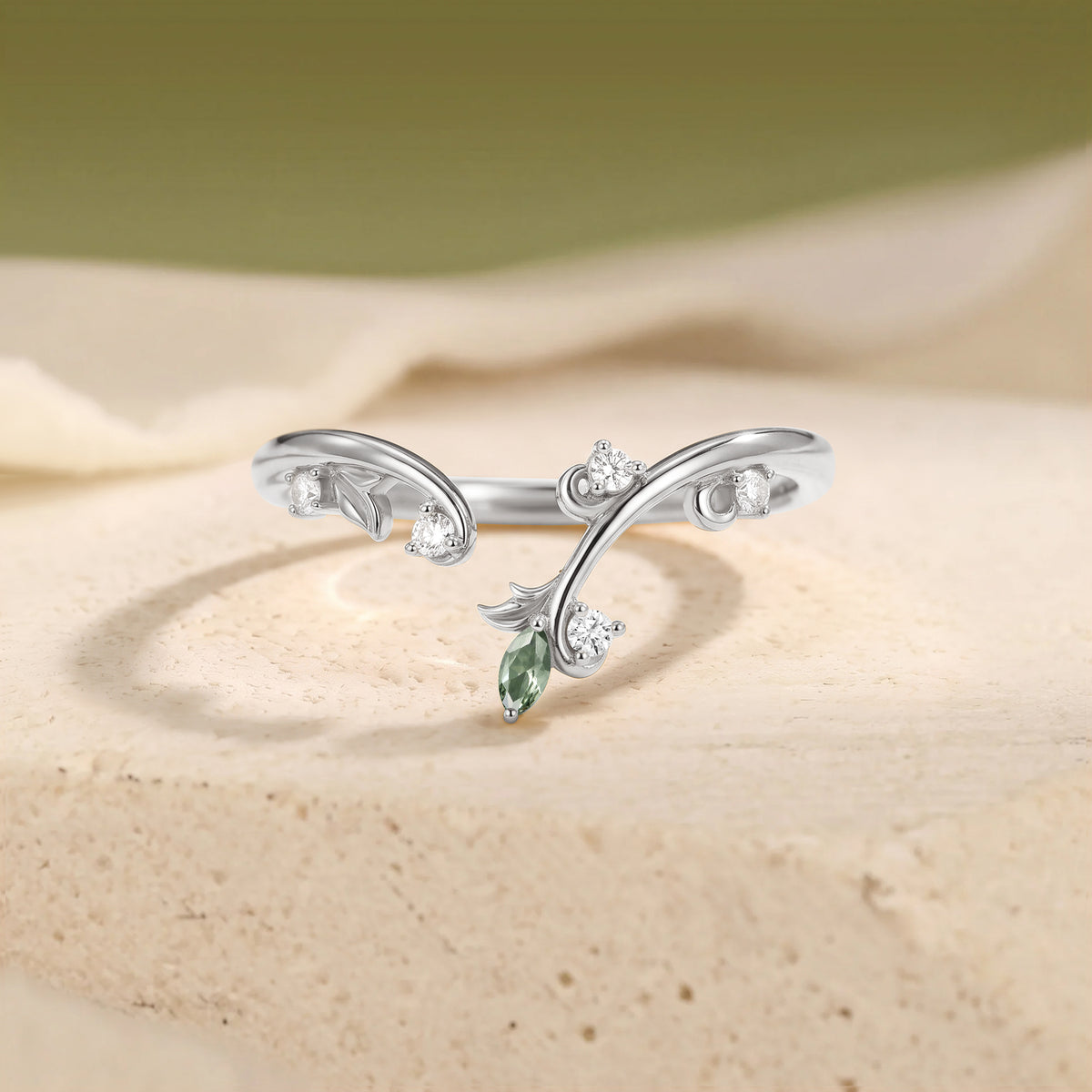 Open Leafy Lab Green Sapphire Moissanite Stacking Wedding Band