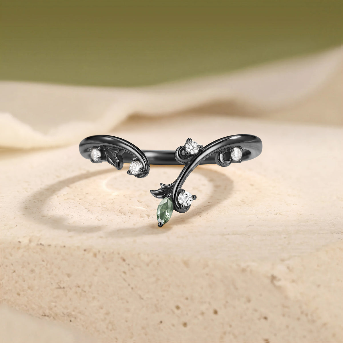 Open Leafy Lab Green Sapphire Moissanite Stacking Wedding Band