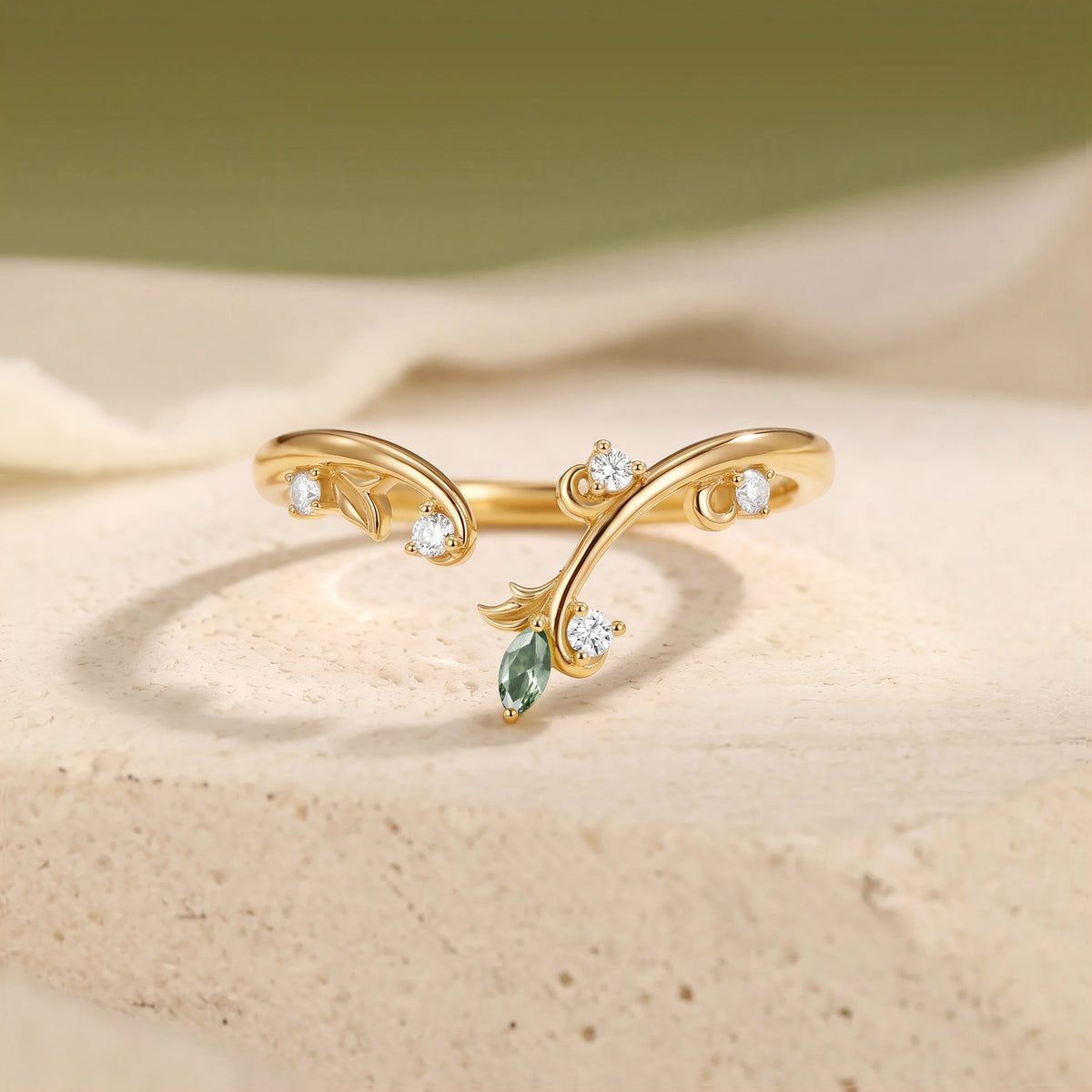 Open Leafy Lab Green Sapphire Moissanite Stacking Wedding Band