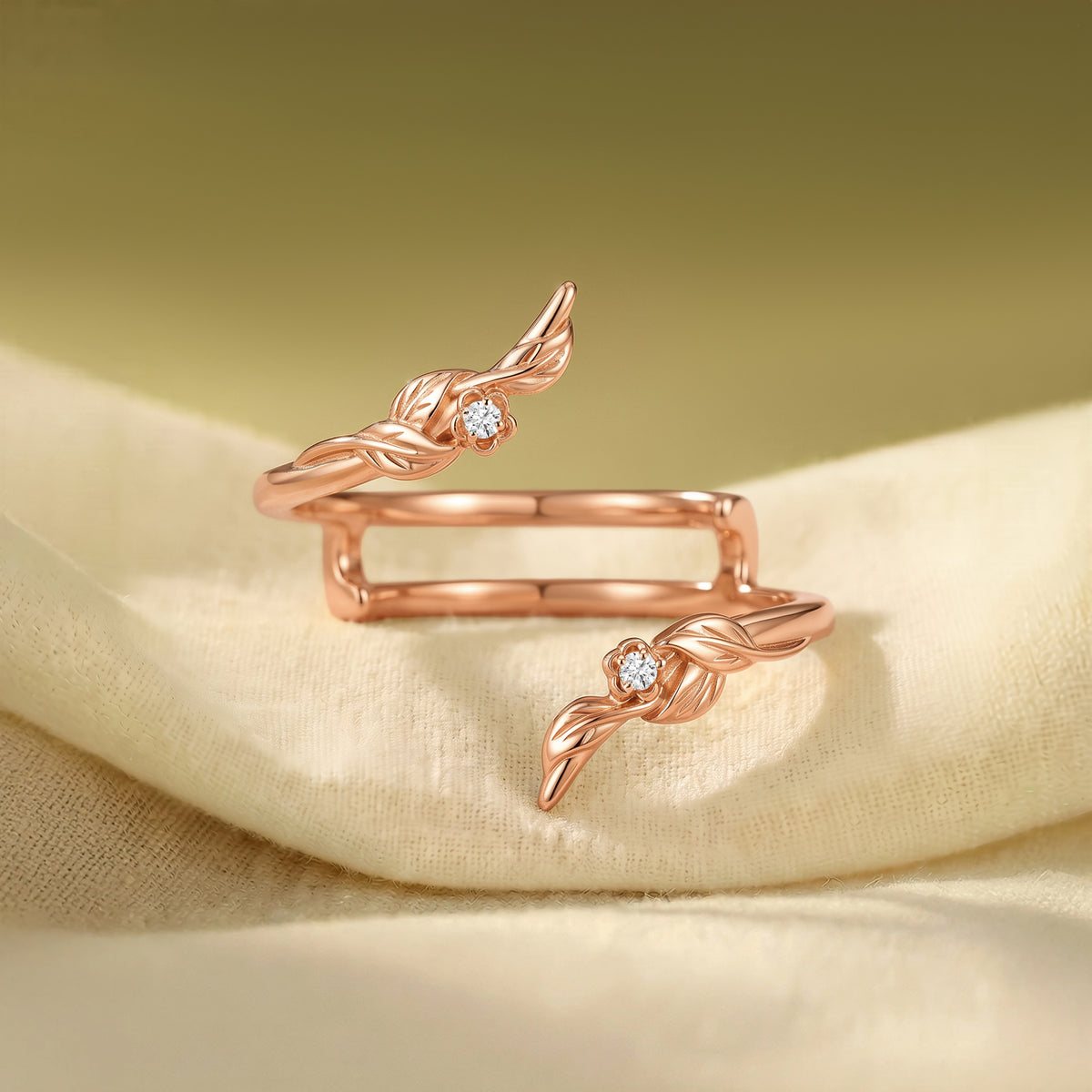 Open Twisted Leaf Floral Moissanite Double Band Stacking Wedding Ring