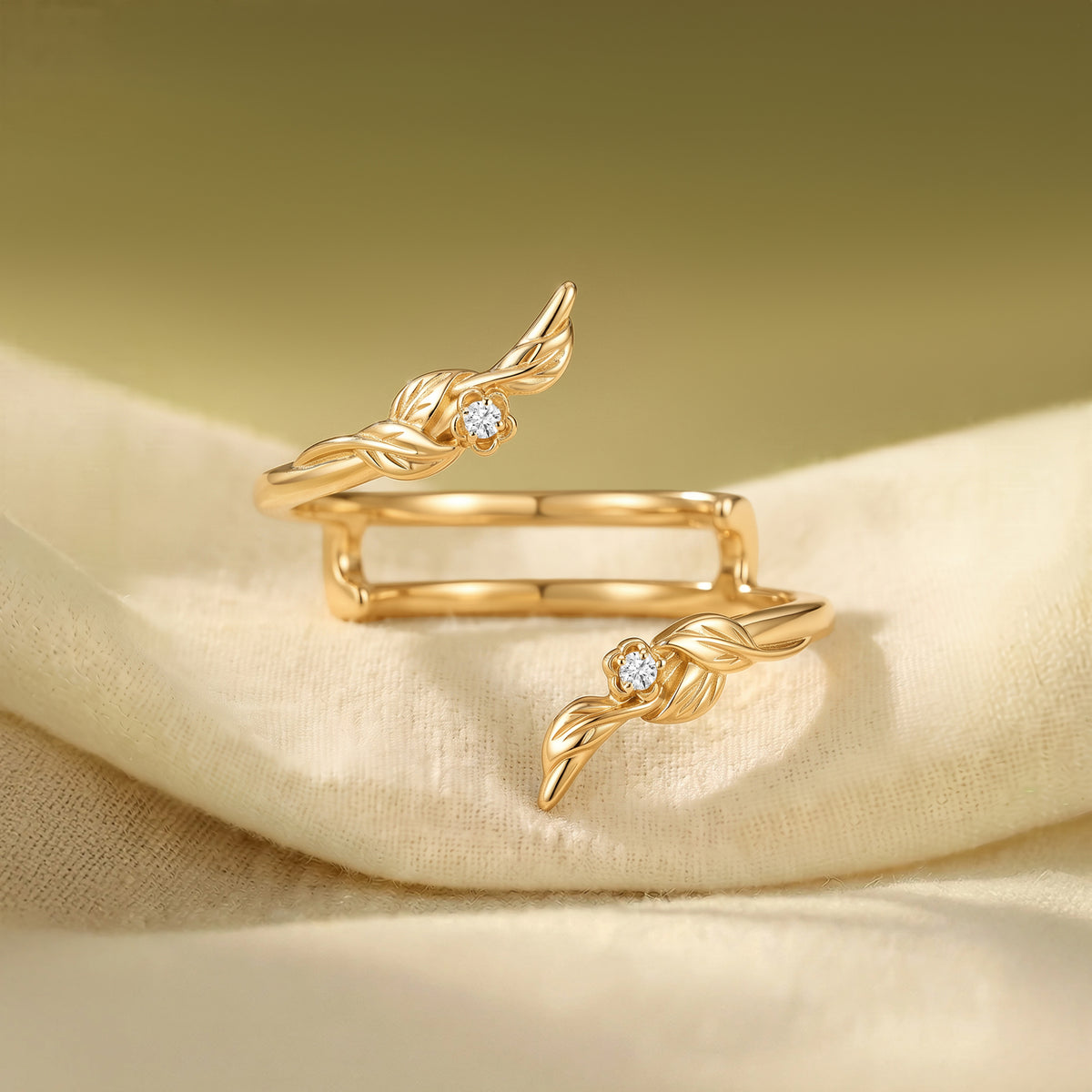 Open Twisted Leaf Floral Moissanite Double Band Stacking Wedding Ring