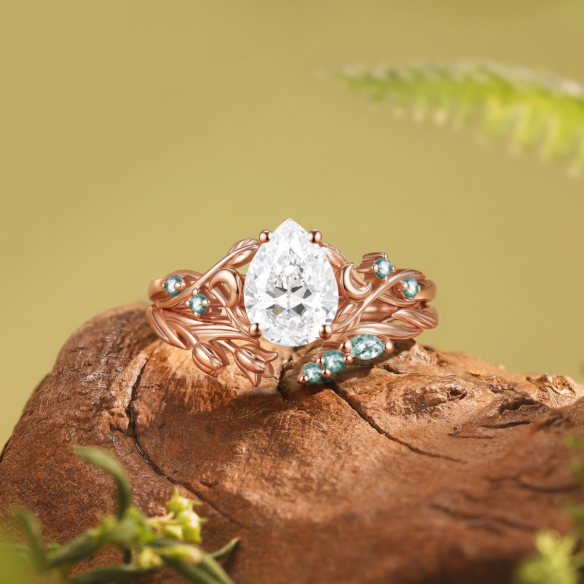 Art Nouveau Pear Cut Lab Grown Diamond Crescent Floral Engagement Ring-Noctis