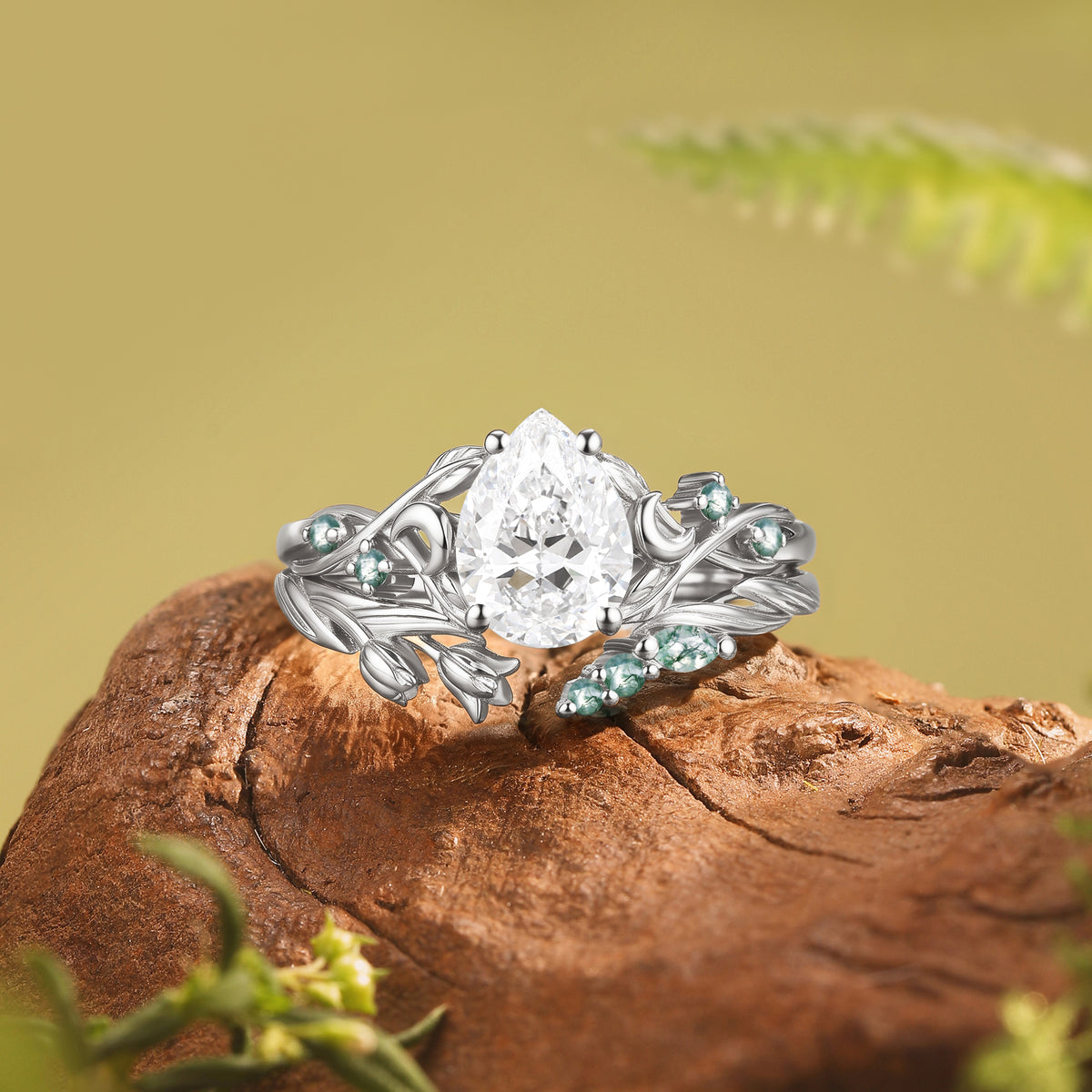 Art Nouveau Pear Cut Lab Grown Diamond Crescent Floral Engagement Ring-Noctis
