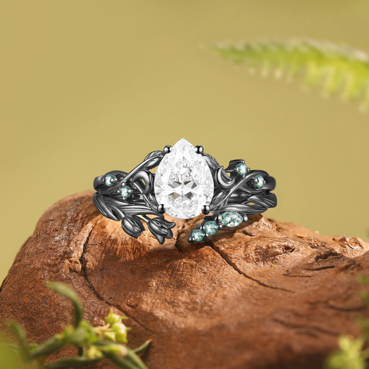 Art Nouveau Pear Cut Lab Grown Diamond Crescent Floral Engagement Ring-Noctis