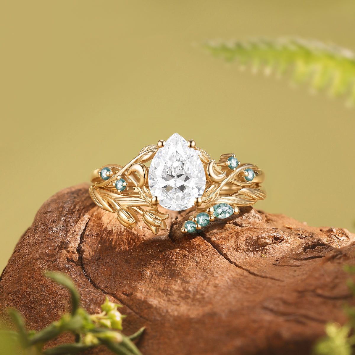 Art Nouveau Pear Cut Lab Grown Diamond Crescent Floral Engagement Ring-Noctis