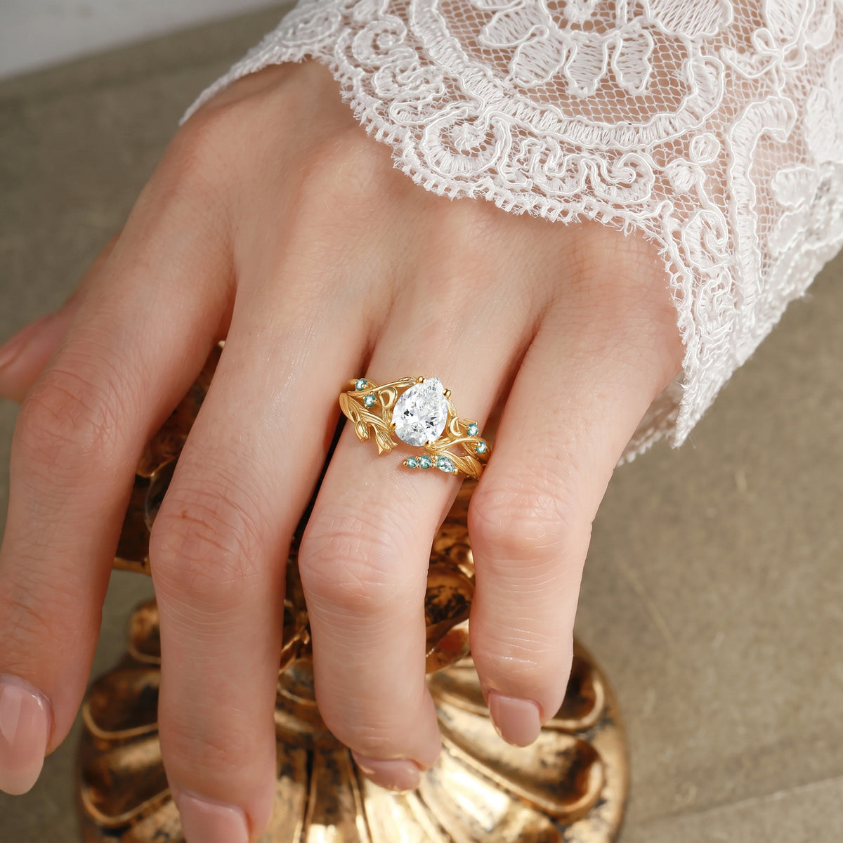 Art Nouveau Pear Cut Lab Grown Diamond Crescent Floral Engagement Ring-Noctis