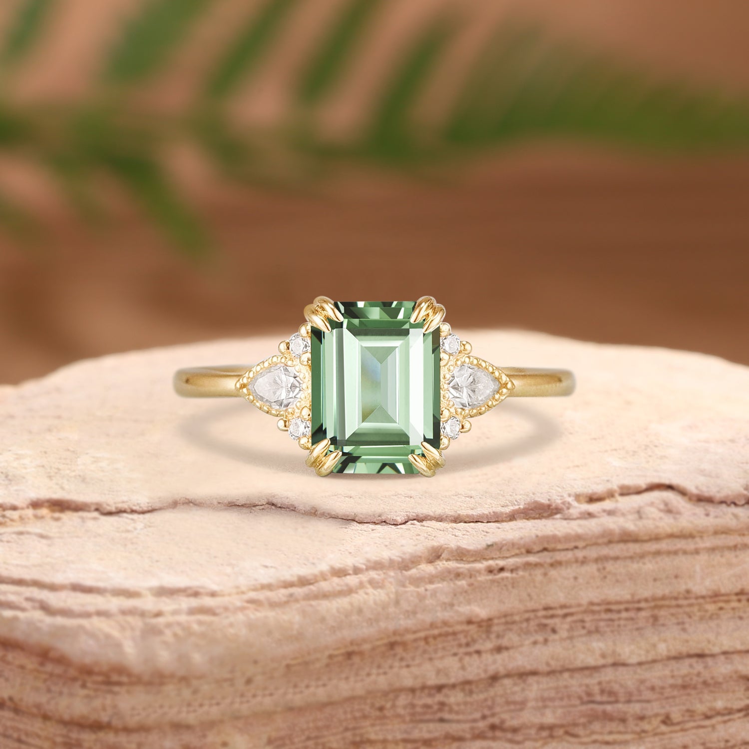Vintage Emerald Cut Green Sapphire Filigree Inspired BlingFlare Engagement Ring - Ethel