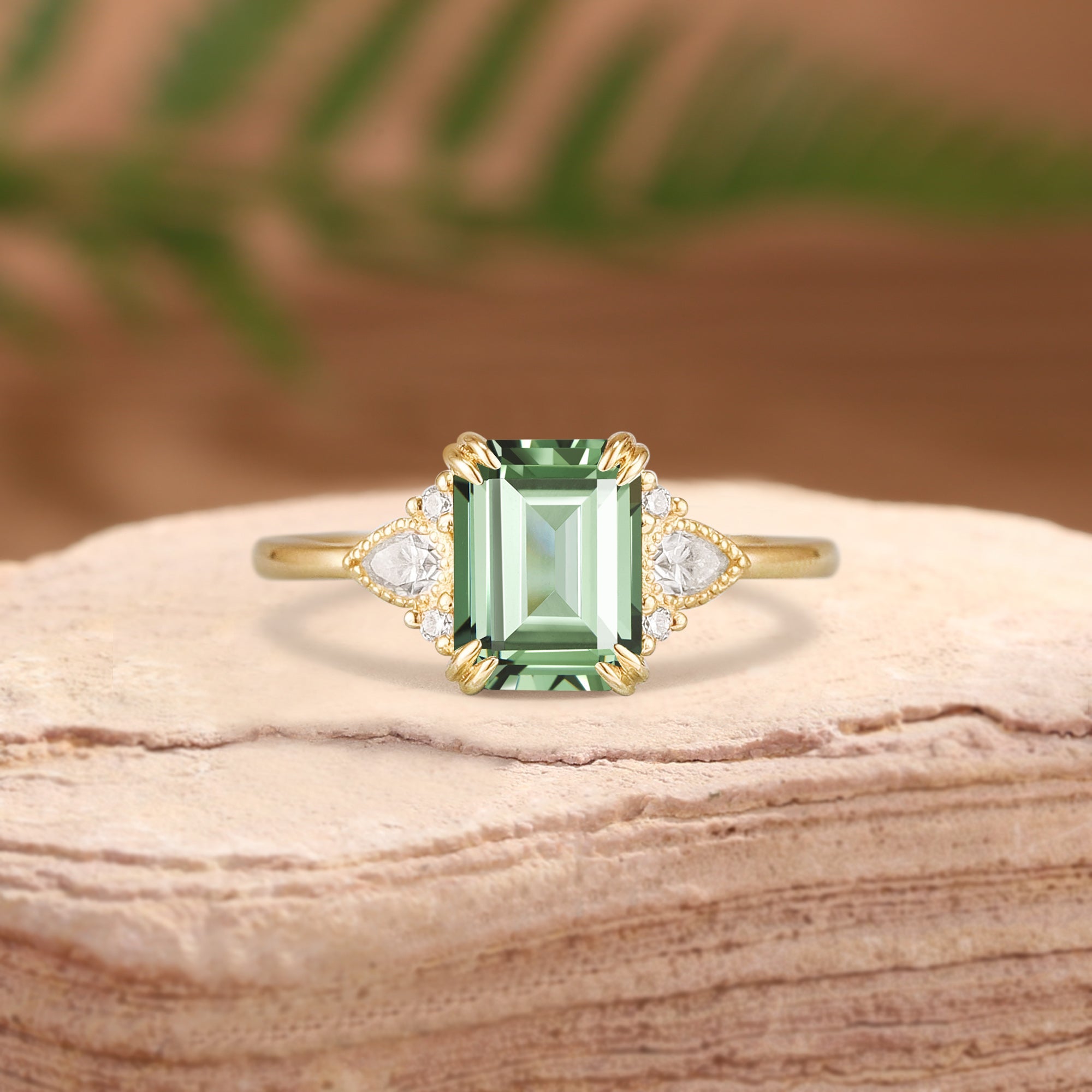 Ethel - Vintage Emerald Cut Green Sapphire Filigree Inspired BlingFlare Engagement Ring