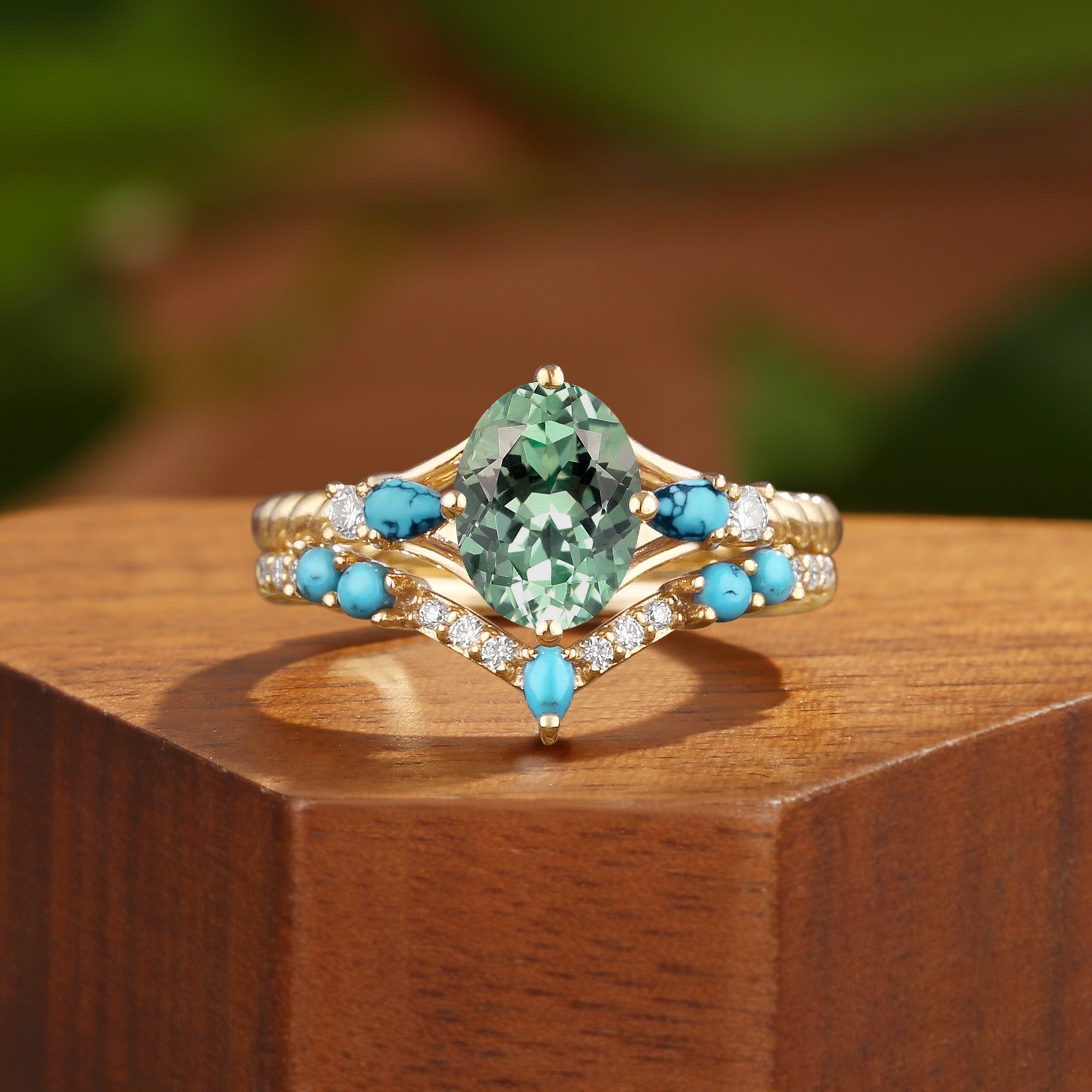Hermine - Vintage Green Sapphire Twist Engagement Ring Set 2pcs