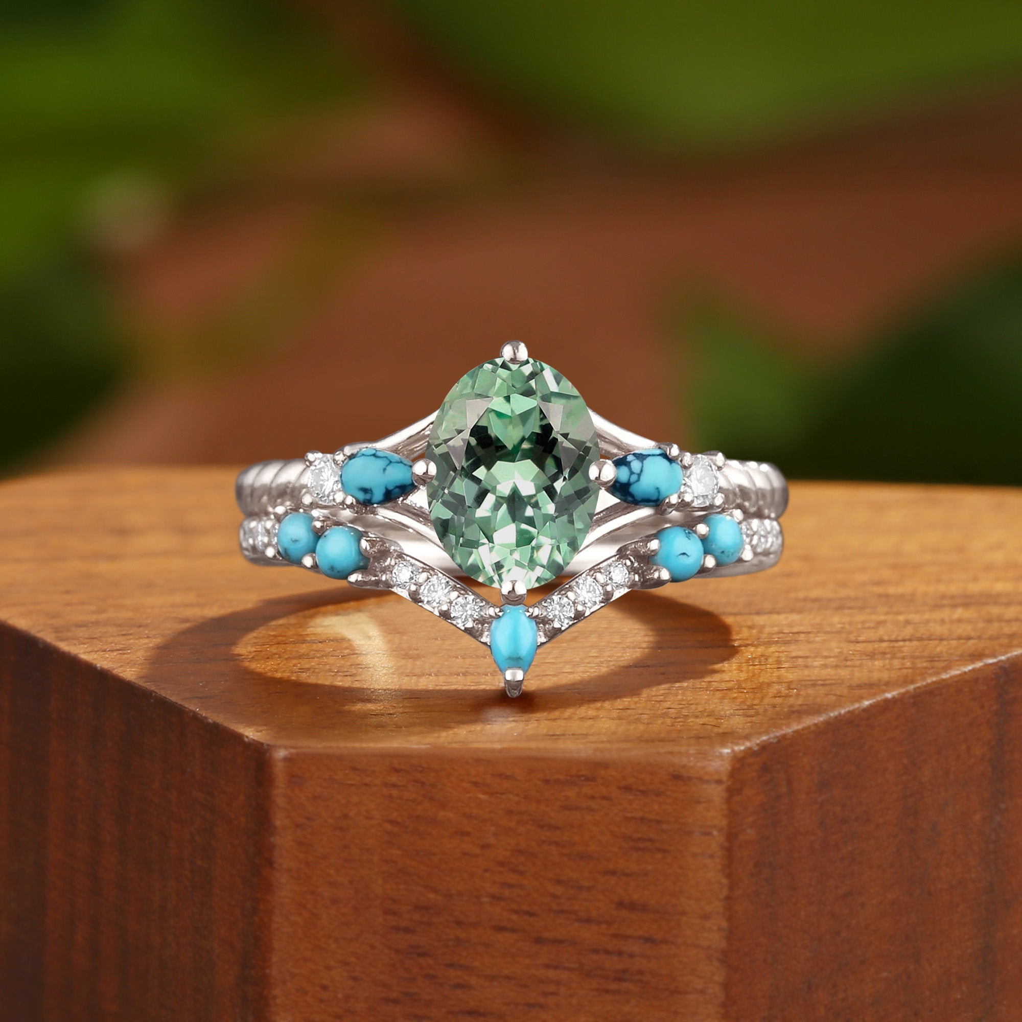 Hermine - Vintage Green Sapphire Twist Engagement Ring Set 2pcs