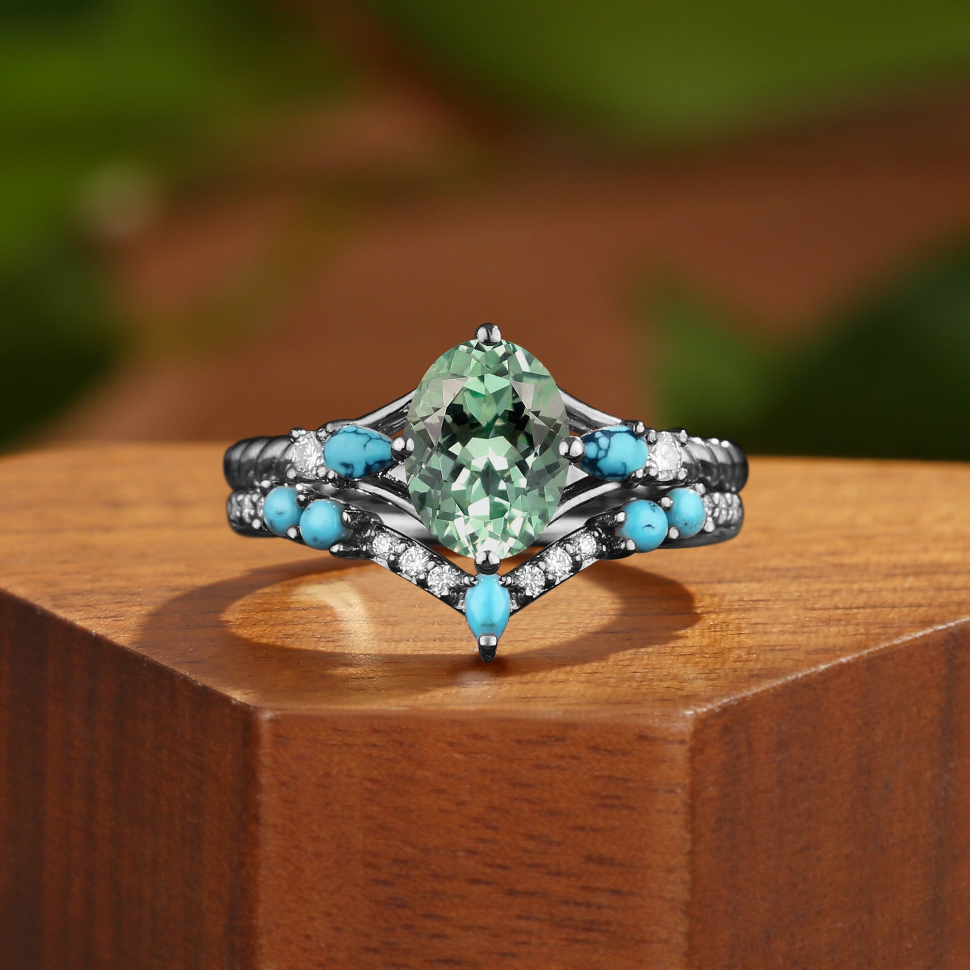 Hermine - Vintage Green Sapphire Twist Engagement Ring Set 2pcs