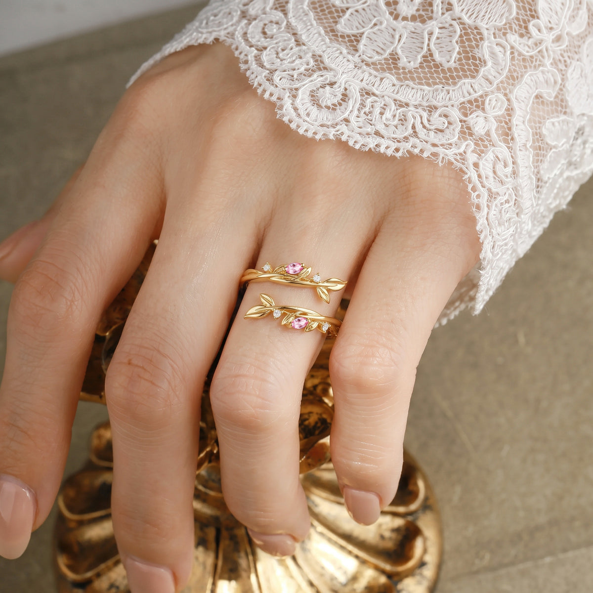 Soft Marquise Padparadscha Sapphire Leaf Stackable Wedding Ring Set