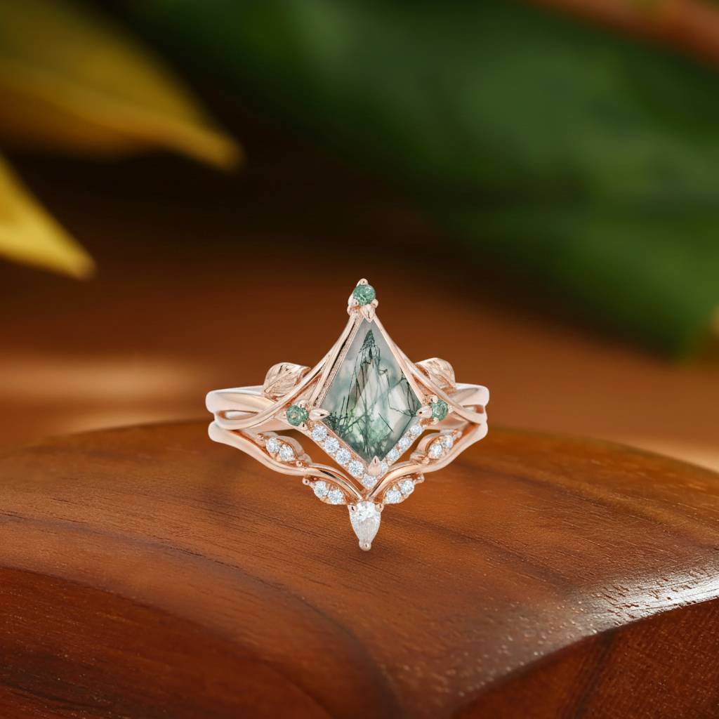 Kismet - Unique Bazel Moss Agate Kite Cut Vintage nature inspired Ring Set 2pcs