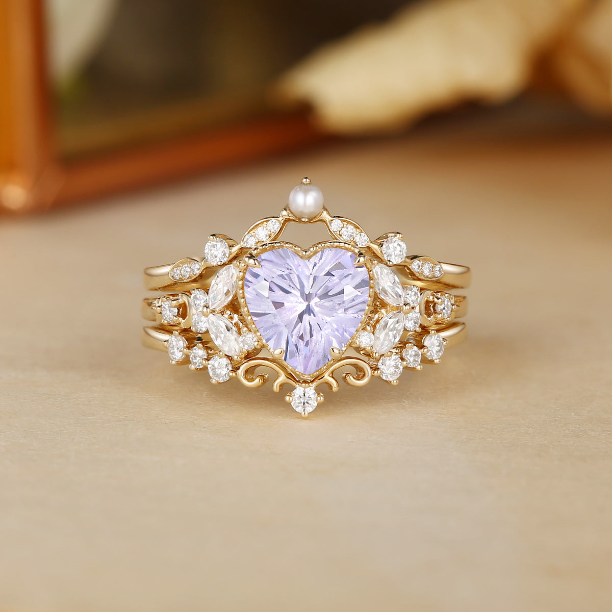 Blanche - Firework Heart Cut Lavender Sapphire Butterfly Pearl Ring Bridal Sets 3pcs