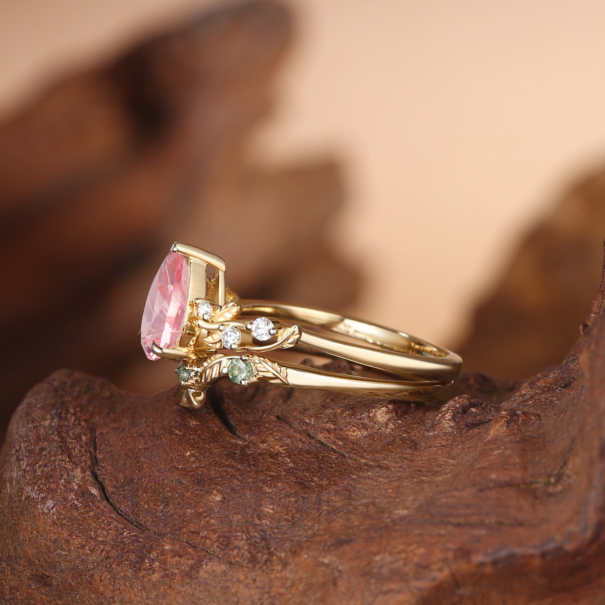 Clarissa - Firework Cut Lab Padparadscha Sapphire Leafy Bridal Set 2pcs