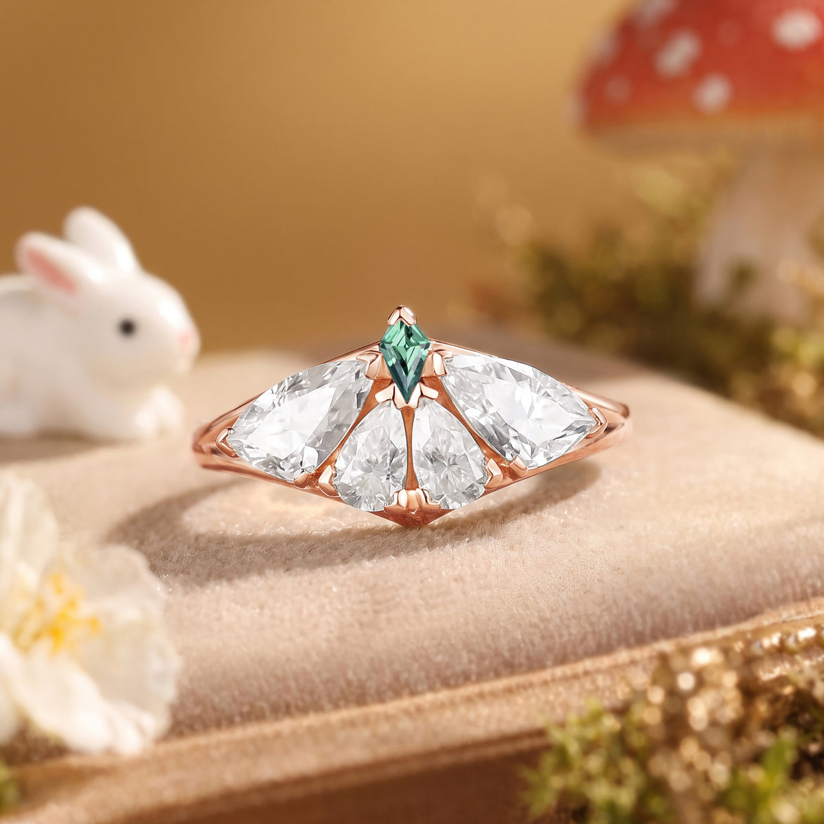 Moth Wing Moissanite Engagement Ring with Kite-Cut Green Sapphire – Lirael