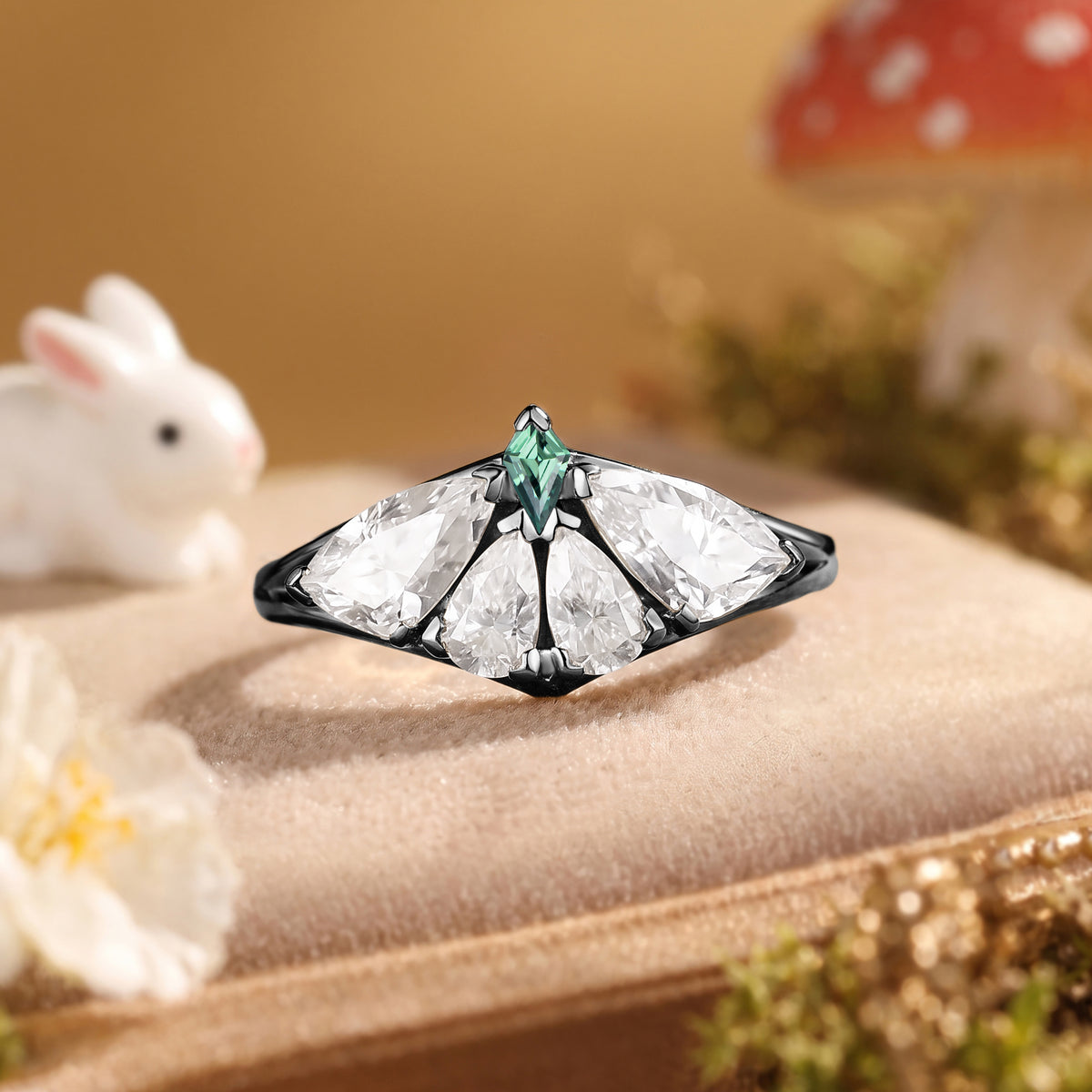 Moth Wing Moissanite Engagement Ring with Kite-Cut Green Sapphire – Lirael