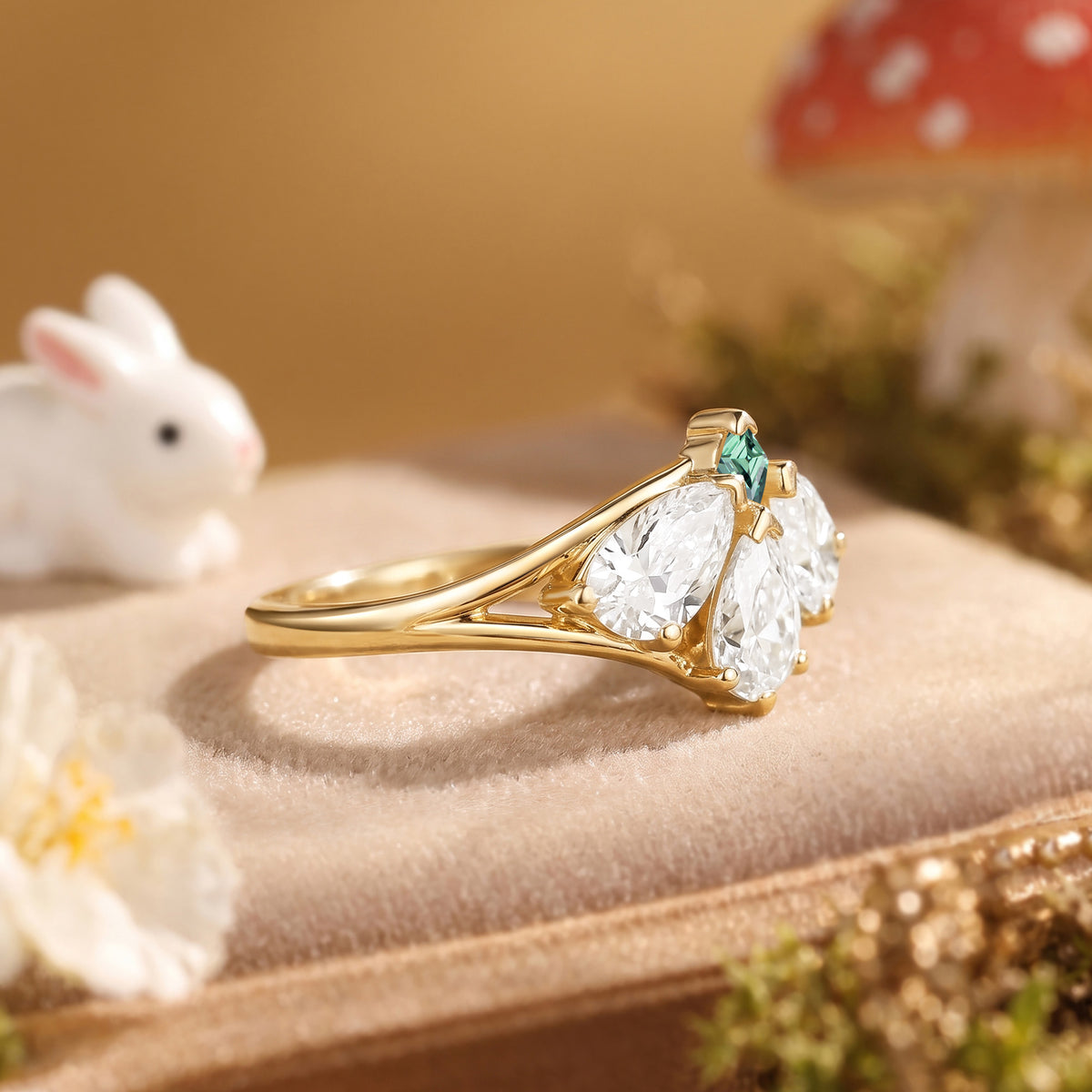 Moth Wing Moissanite Engagement Ring with Kite-Cut Green Sapphire – Lirael