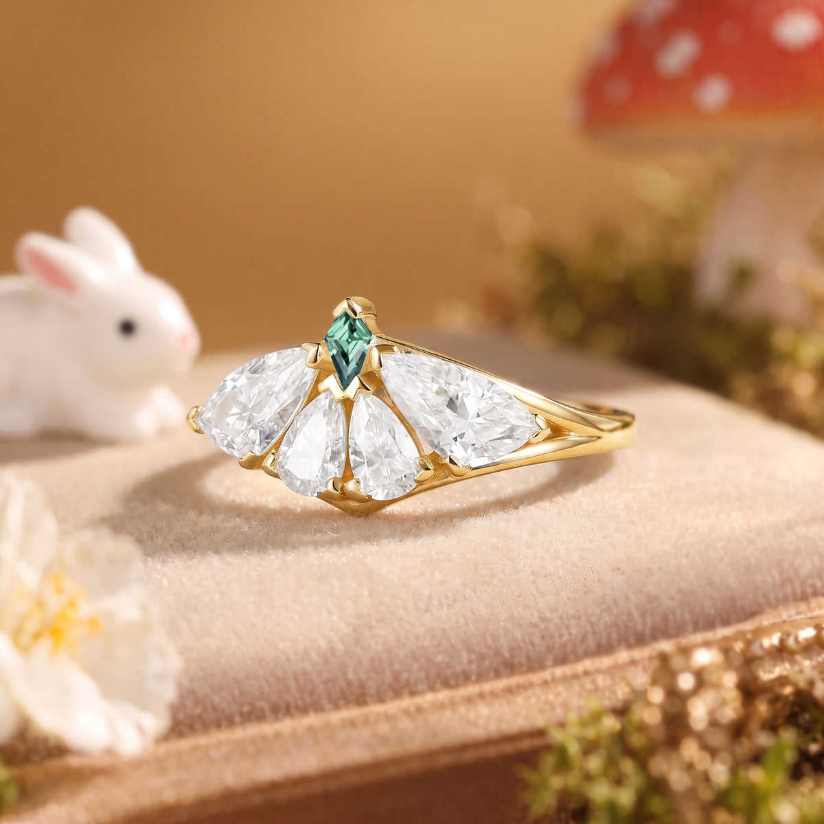 Moth Wing Moissanite Engagement Ring with Kite-Cut Green Sapphire – Lirael