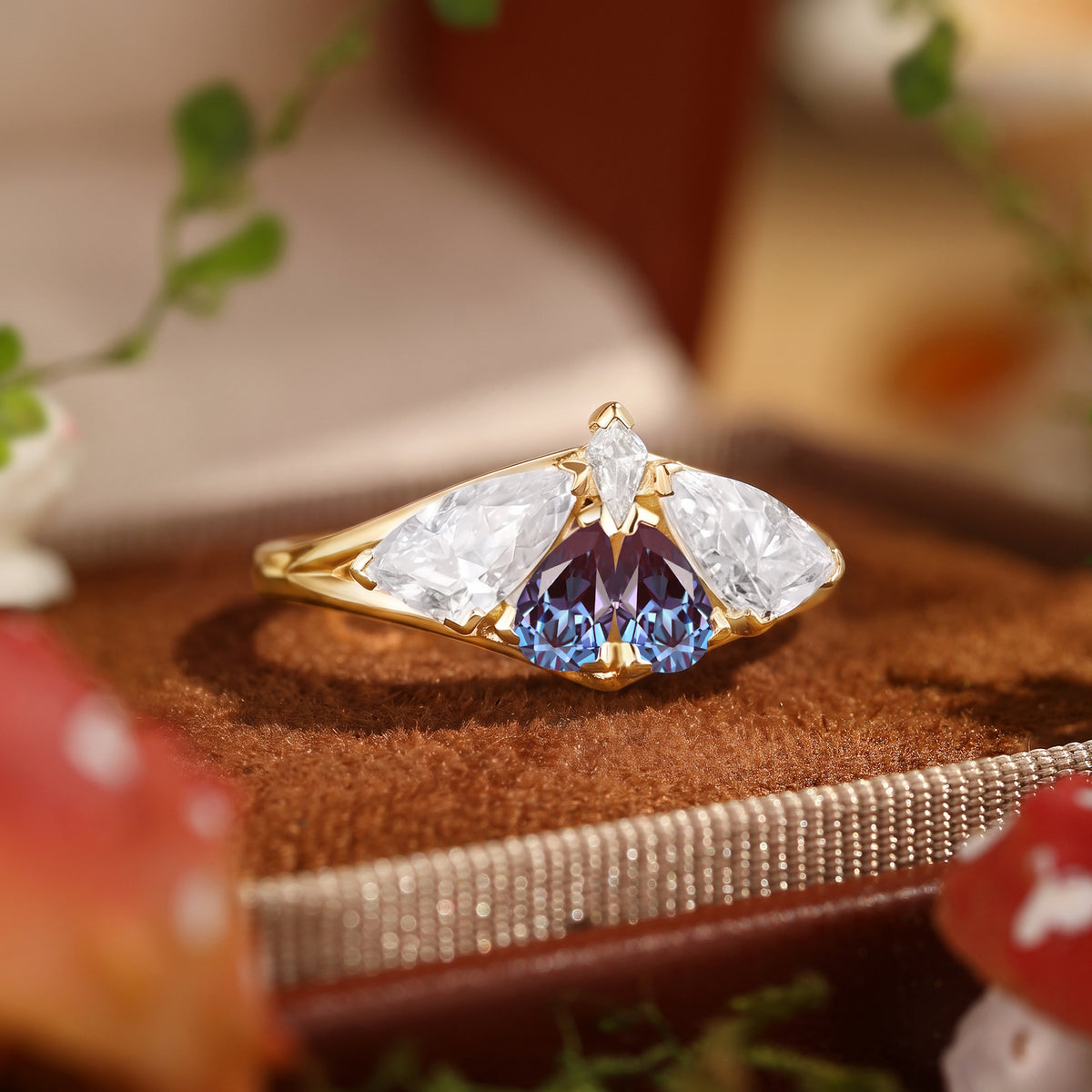 Moth Wing Pear Cut Alexandrite & Moissanite Engagement Ring – Lirael