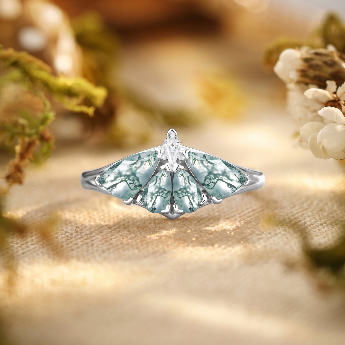 Moth Wing Pear Cut Moss Agate Engagement Ring – Lirael