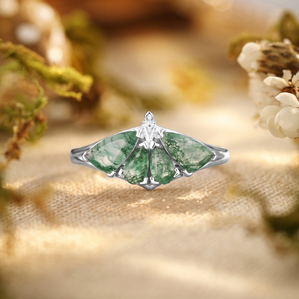 Moth Wing Pear Cut Moss Agate Engagement Ring – Lirael