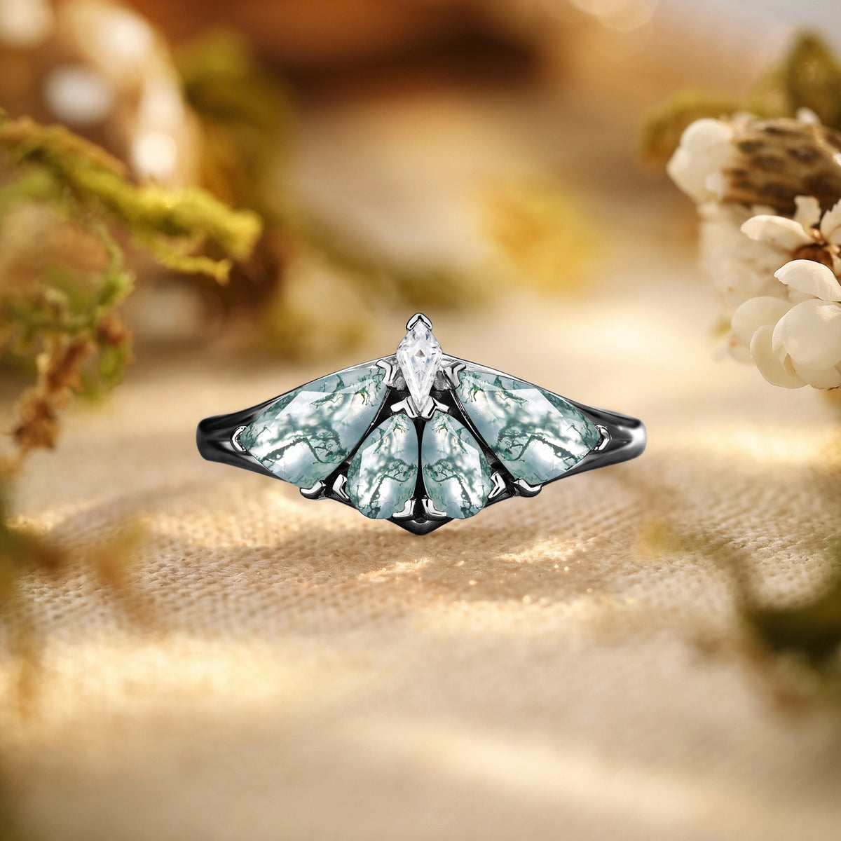 Moth Wing Pear Cut Moss Agate Engagement Ring – Lirael