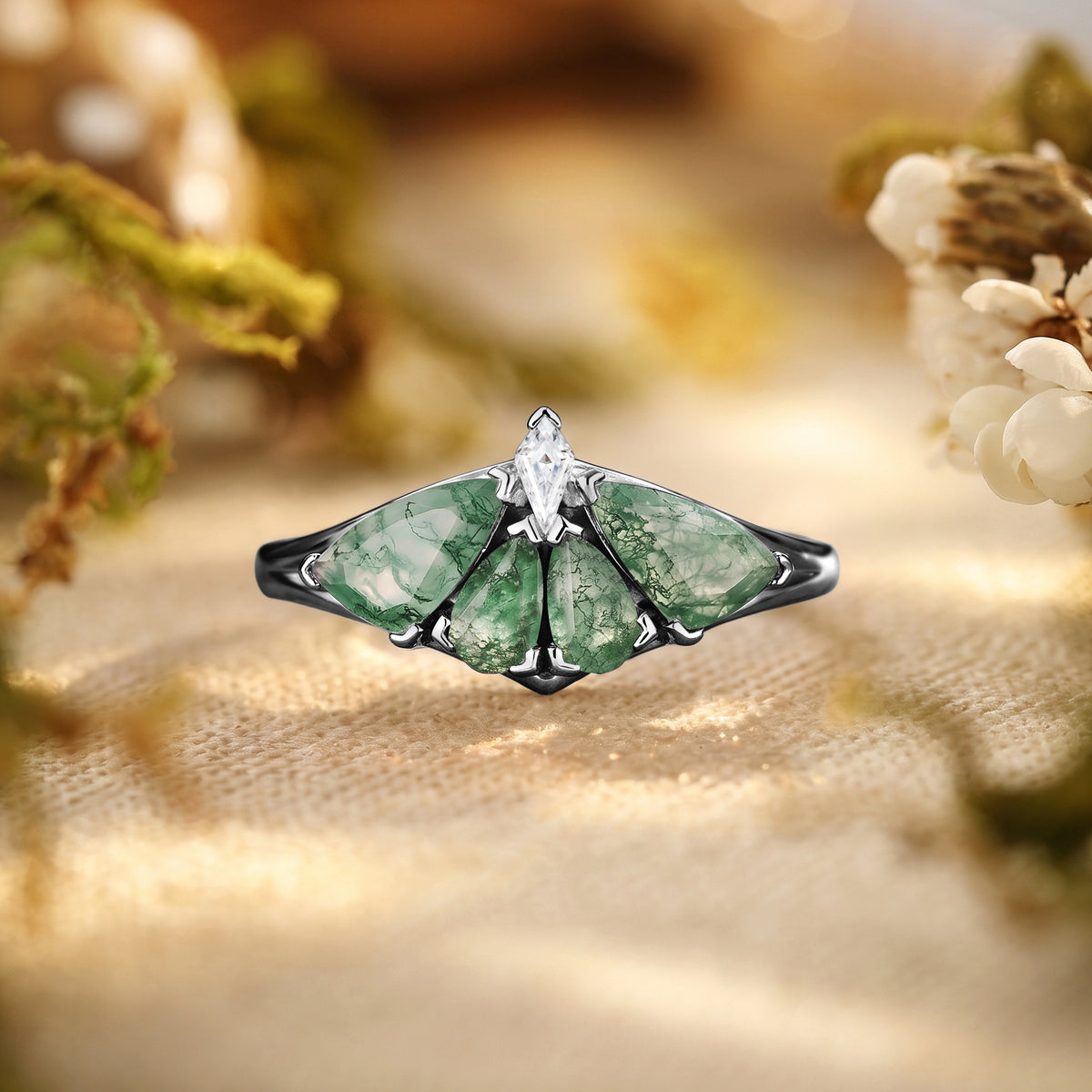 Moth Wing Pear Cut Moss Agate Engagement Ring – Lirael