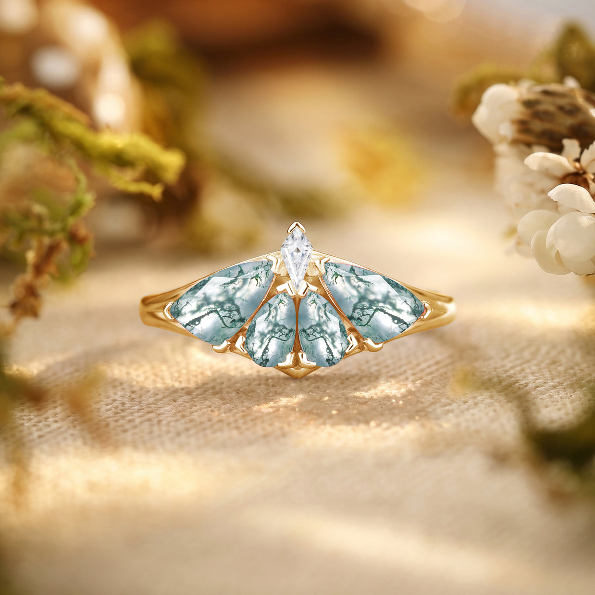 Moth Wing Pear Cut Moss Agate Engagement Ring – Lirael