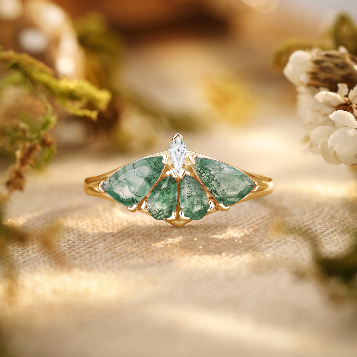 Moth Wing Pear Cut Moss Agate Engagement Ring – Lirael