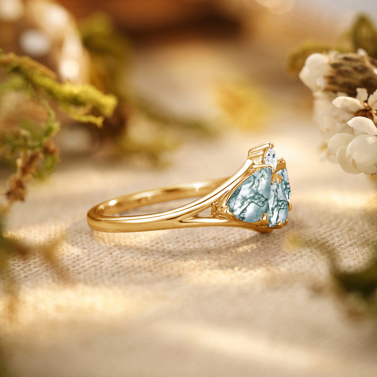 Moth Wing Pear Cut Moss Agate Engagement Ring – Lirael