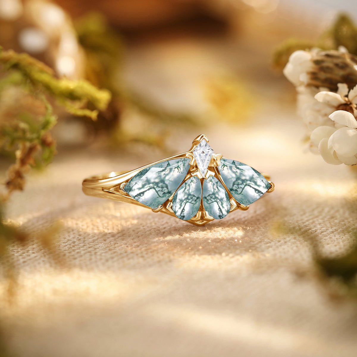 Moth Wing Pear Cut Moss Agate Engagement Ring – Lirael