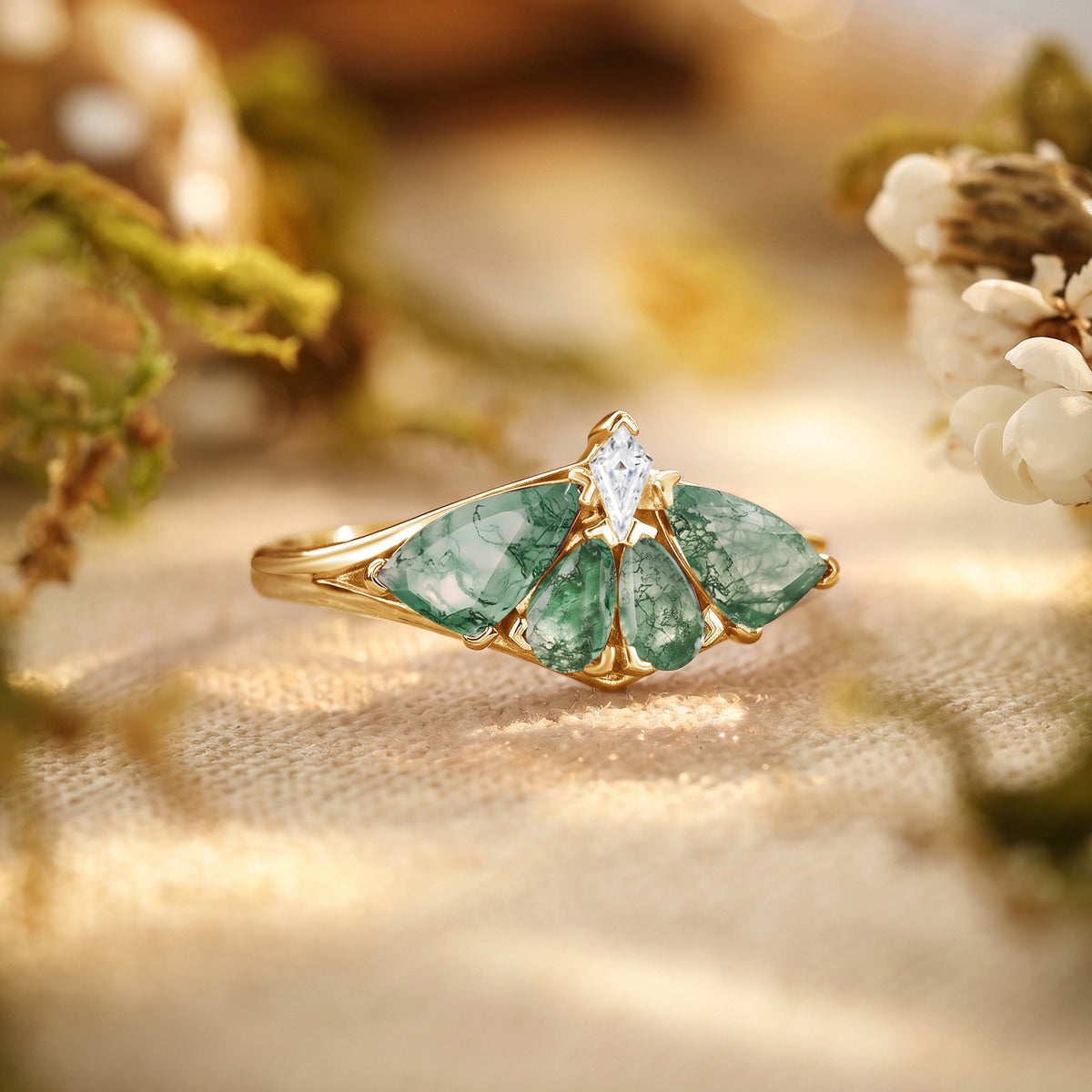 Moth Wing Pear Cut Moss Agate Engagement Ring – Lirael