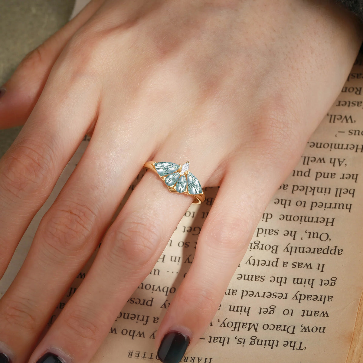 Moth Wing Pear Cut Moss Agate Engagement Ring – Lirael