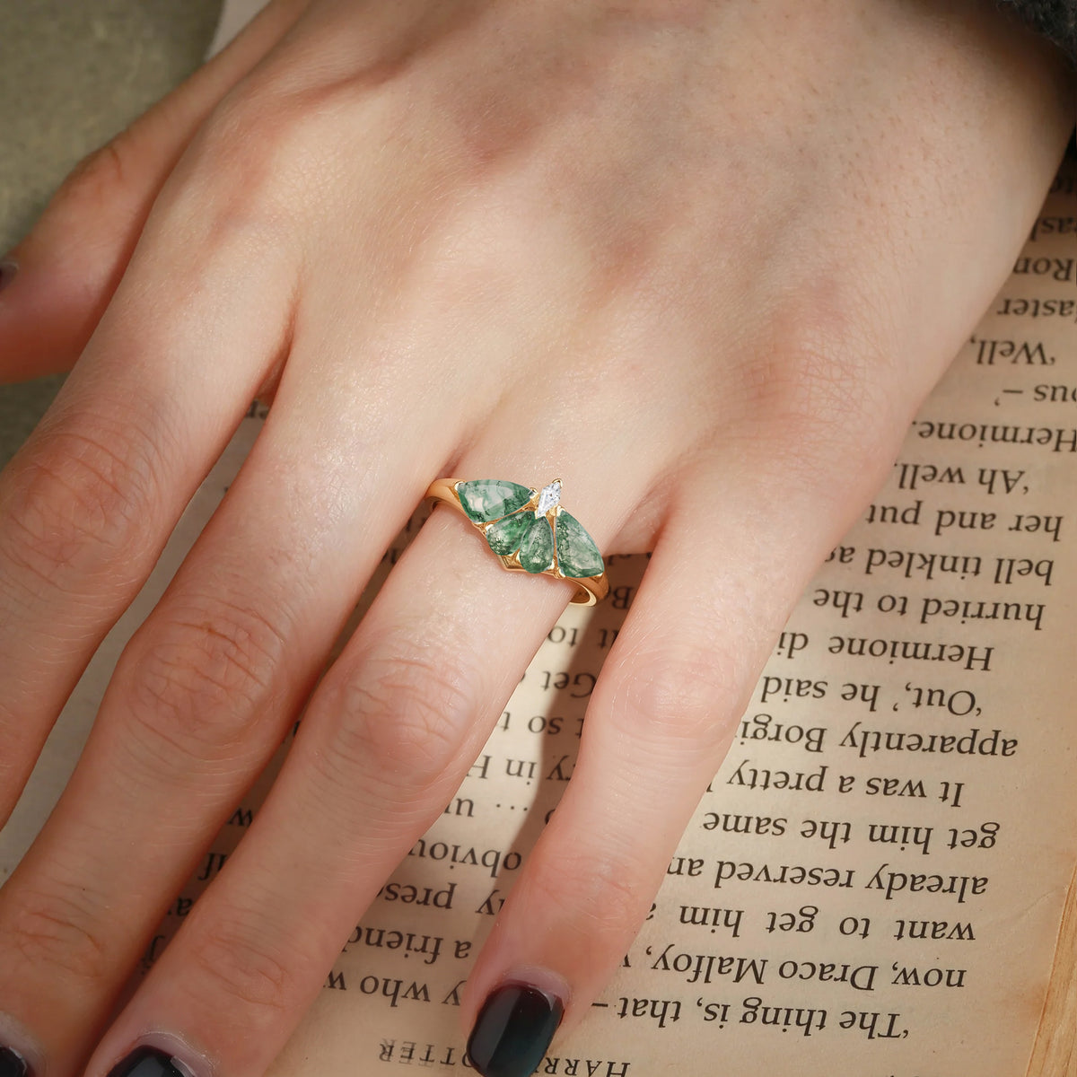 Moth Wing Pear Cut Moss Agate Engagement Ring – Lirael